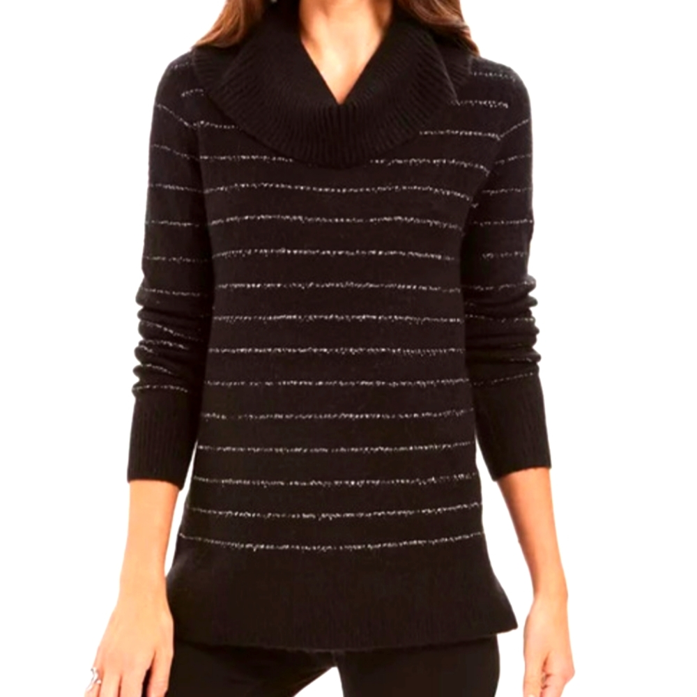 Style & Co. Lurex Deep Black Silver Metallic Cowl Neck Sweater